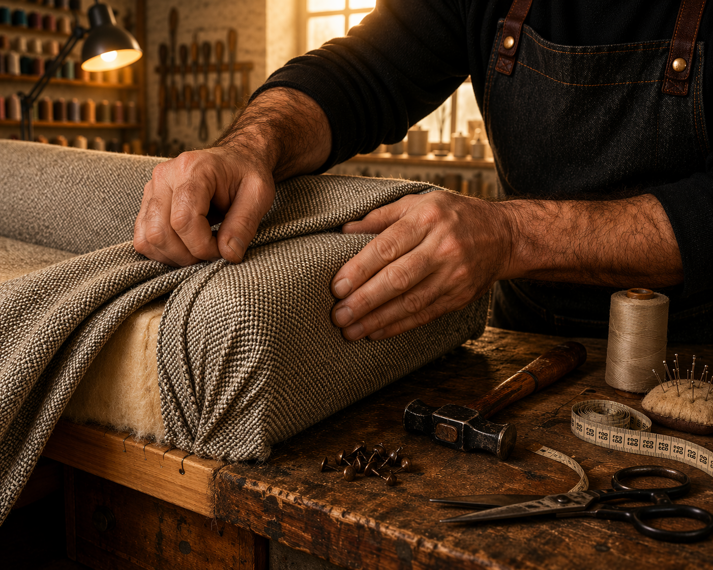 Handwerker bei der Polstermöbel-Reparatur