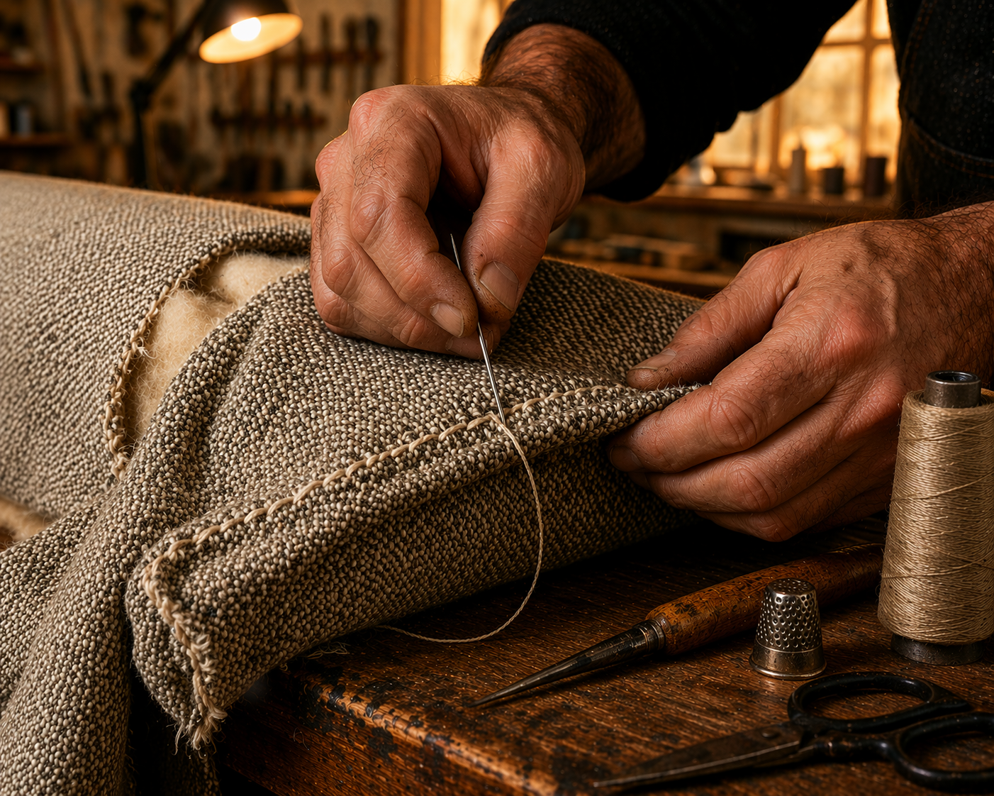 Detailaufnahme Polsterreparatur – Nahaufnahme Handwerk